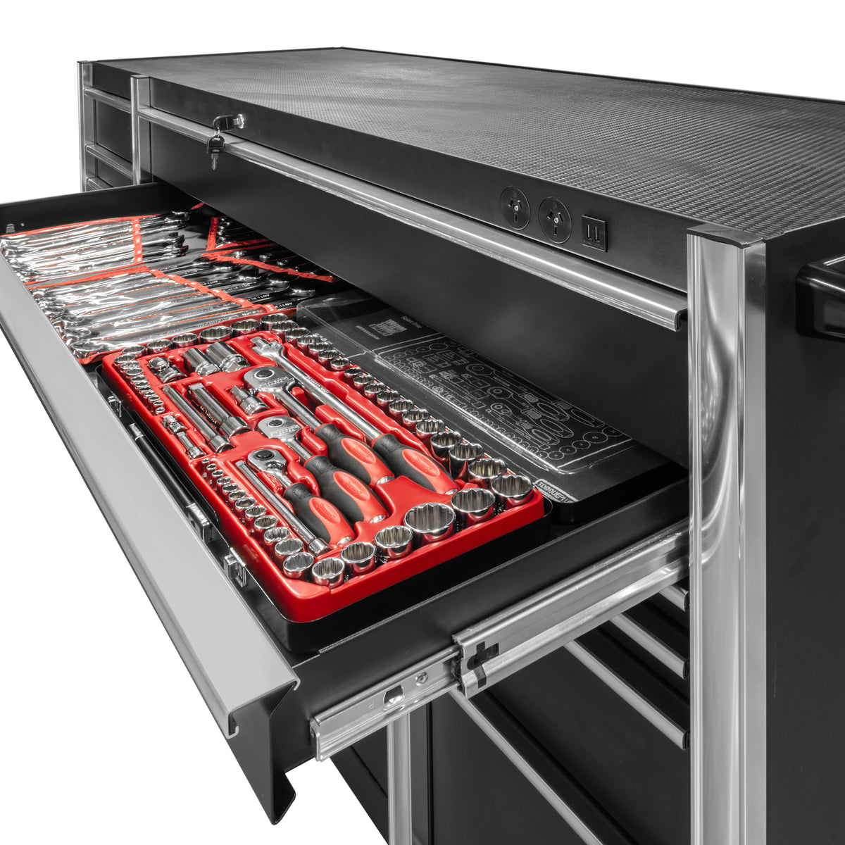 Simply Tools 73 inch 20 drawer black tool trolley roll cabinet, side view