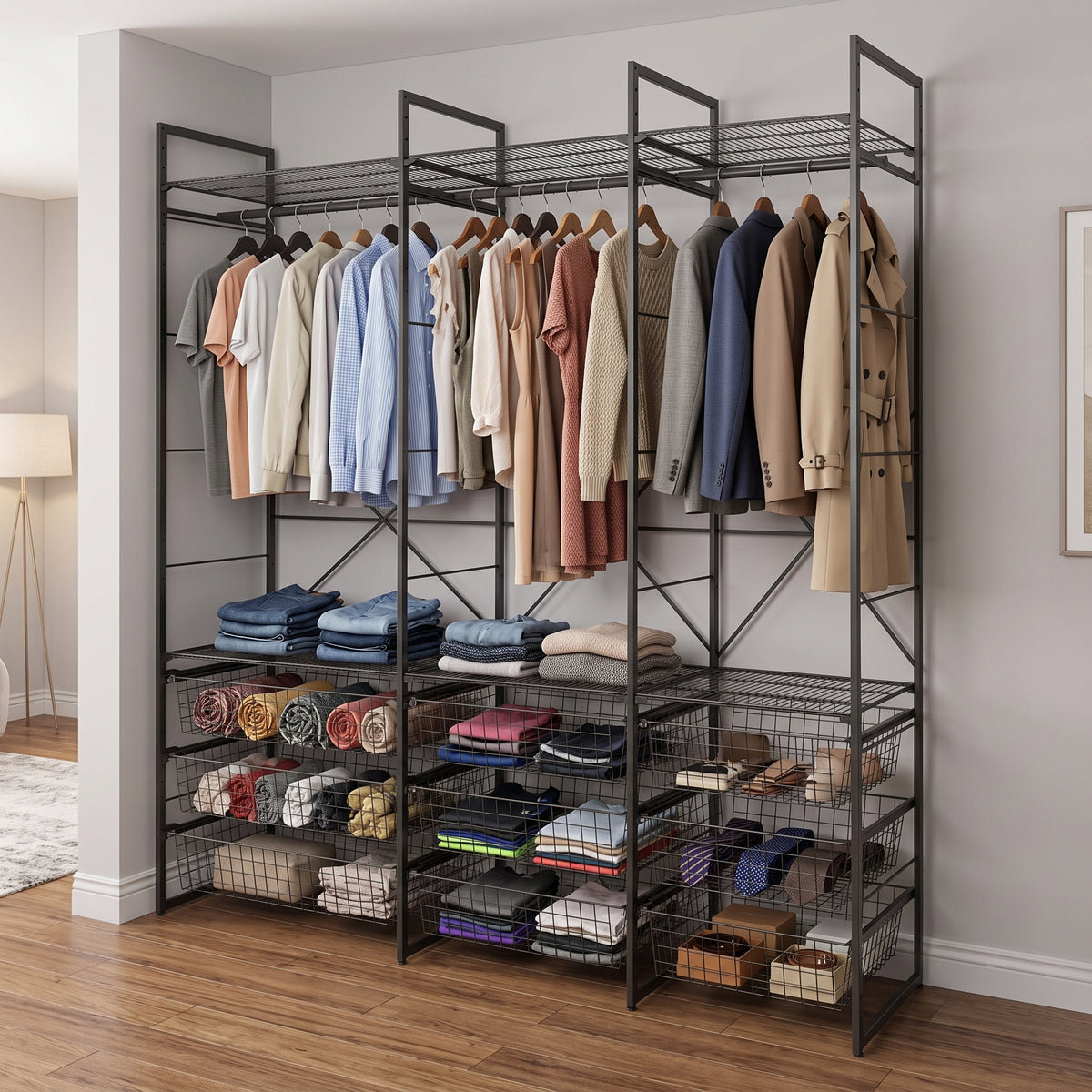 Simply Tools open wardrobe system clothes storage rack with wire baskets, angle view