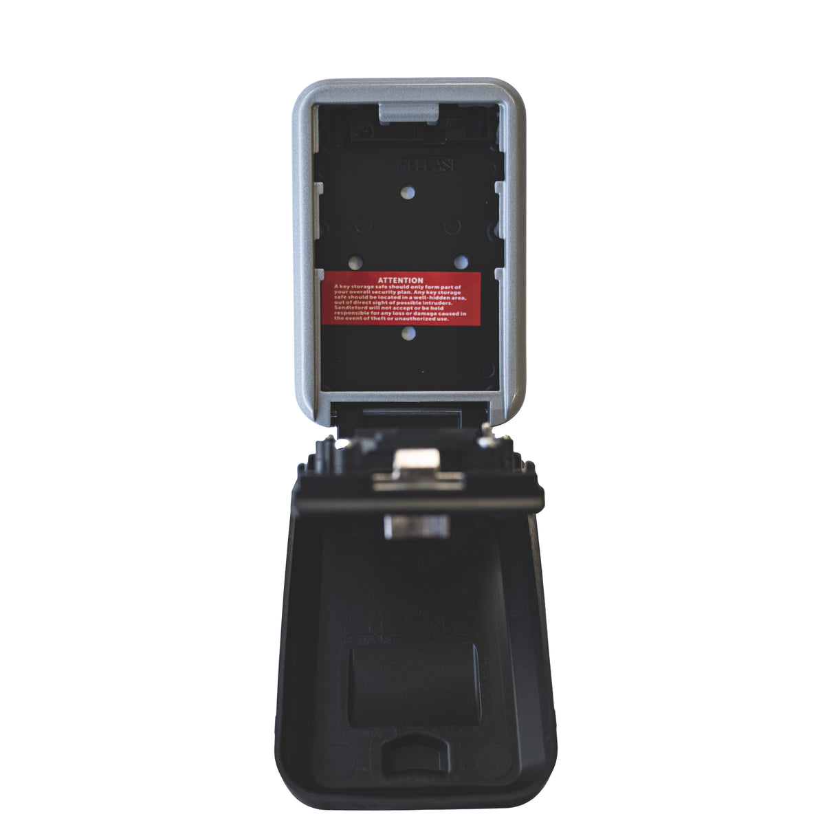 Wall mounted combination lock key safe with cover, side view