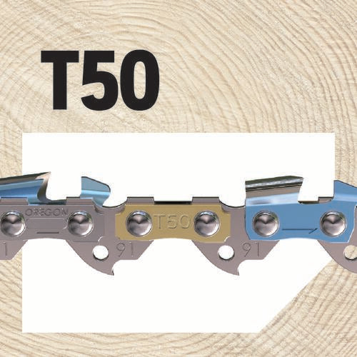 Oregon T50 VersaCut chainsaw chain for 14 inch bar, angle view