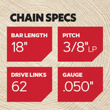 Oregon 18 inch chainsaw bar and chain combination, angle view
