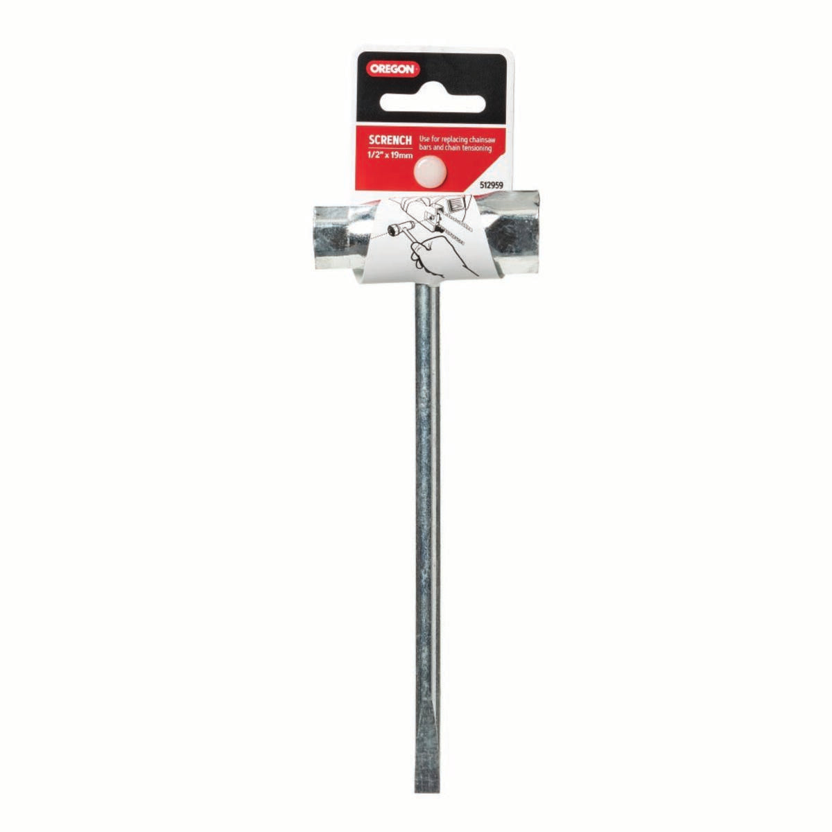 Oregon chainsaw scrench combination wrench and screwdriver, angle view