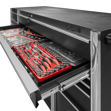 Simply Tools 73 inch 20 drawer black tool trolley roll cabinet, side view