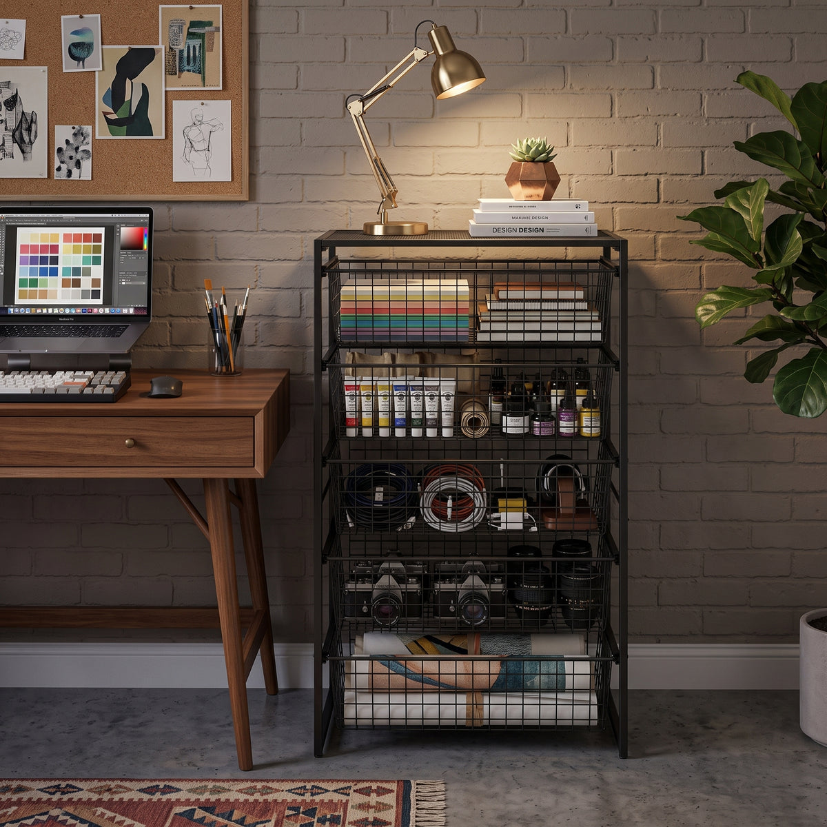 Simply Tools 5-drawer black wire basket metal storage unit, angle view