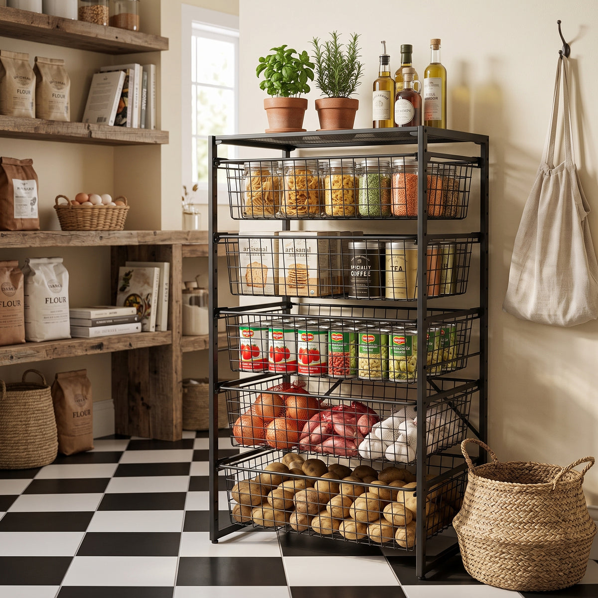 Simply Tools 5-drawer black wire basket metal storage unit, packaging