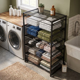 Simply Tools 5-drawer black wire basket metal storage unit, in use