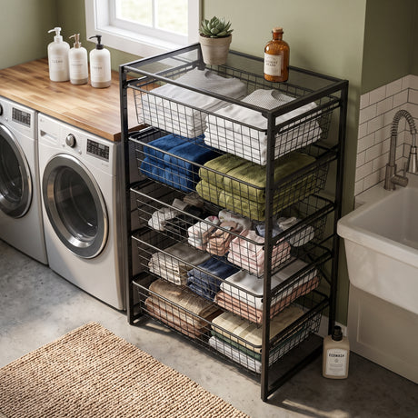 Simply Tools 5-drawer black wire basket metal storage unit, in use