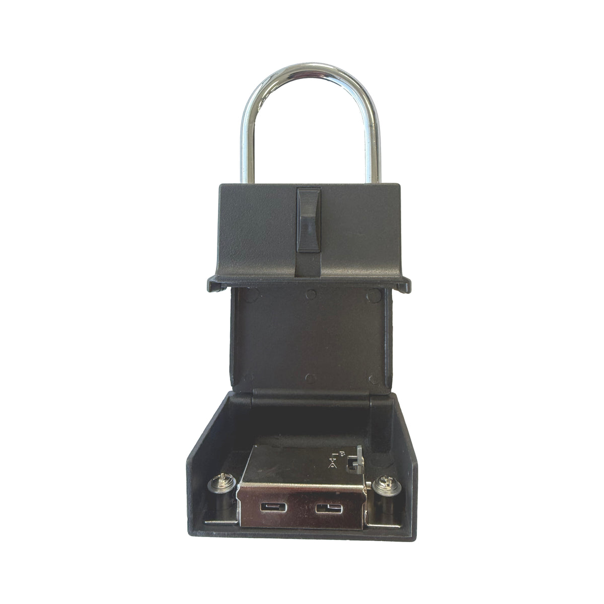 Portable combination lock key safe storage box, side view
