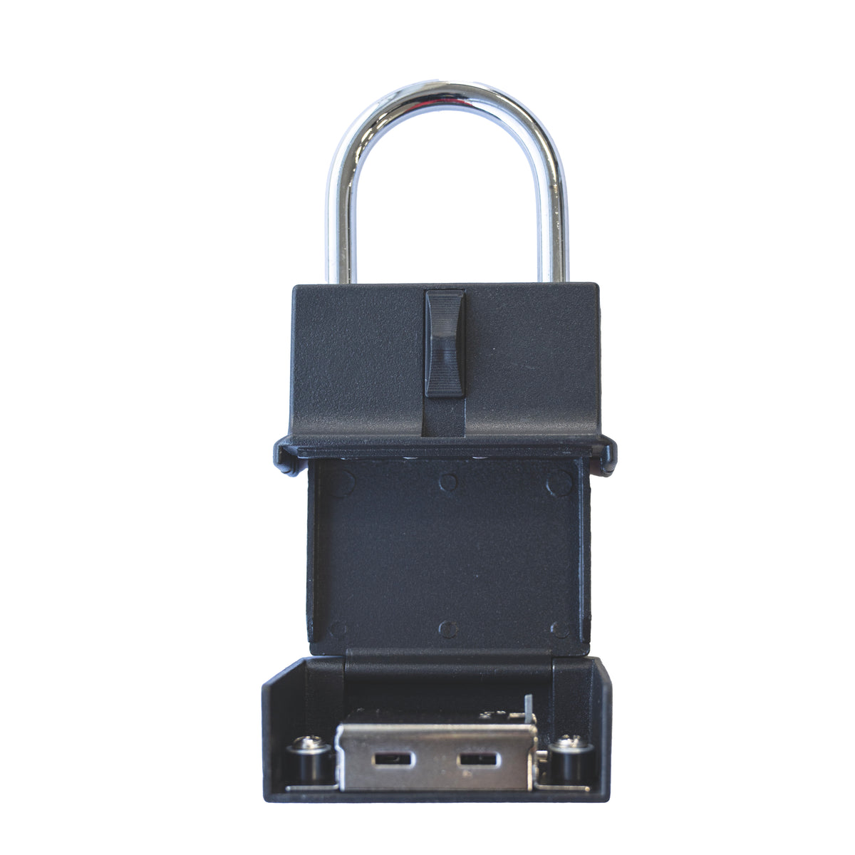 Portable combination lock key safe storage box, angle view