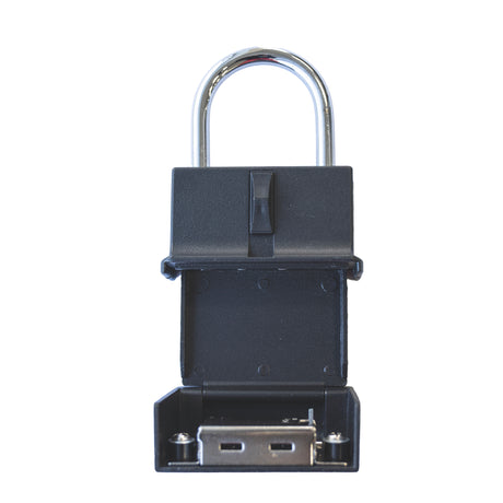 Portable combination lock key safe storage box, angle view