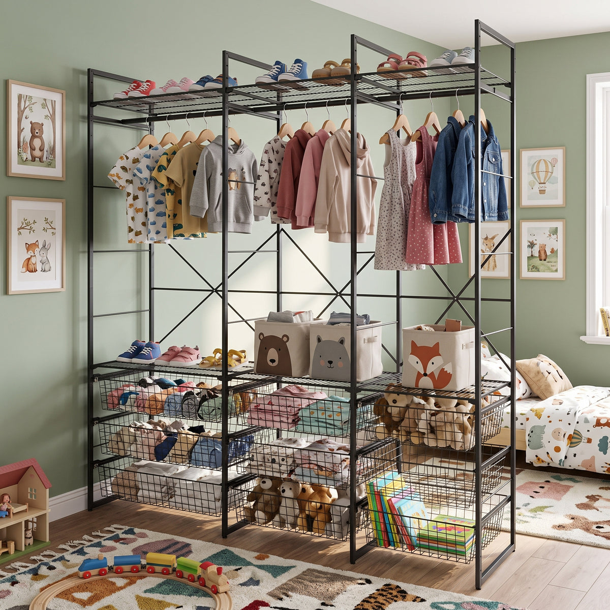 Simply Tools open wardrobe system clothes storage rack with wire baskets, detail view