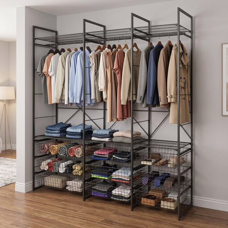 Simply Tools open wardrobe system clothes storage rack with wire baskets, angle view