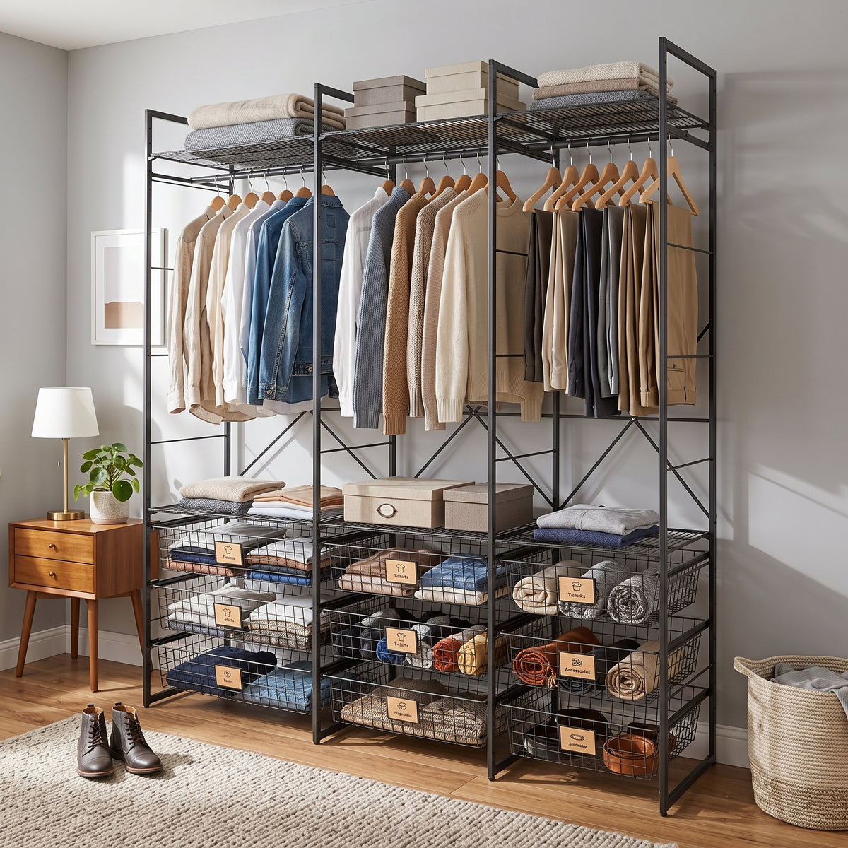 Simply Tools open wardrobe system clothes storage rack with wire baskets, in use