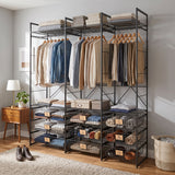 Simply Tools open wardrobe system clothes storage rack with wire baskets, in use