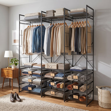 Simply Tools open wardrobe system clothes storage rack with wire baskets, in use