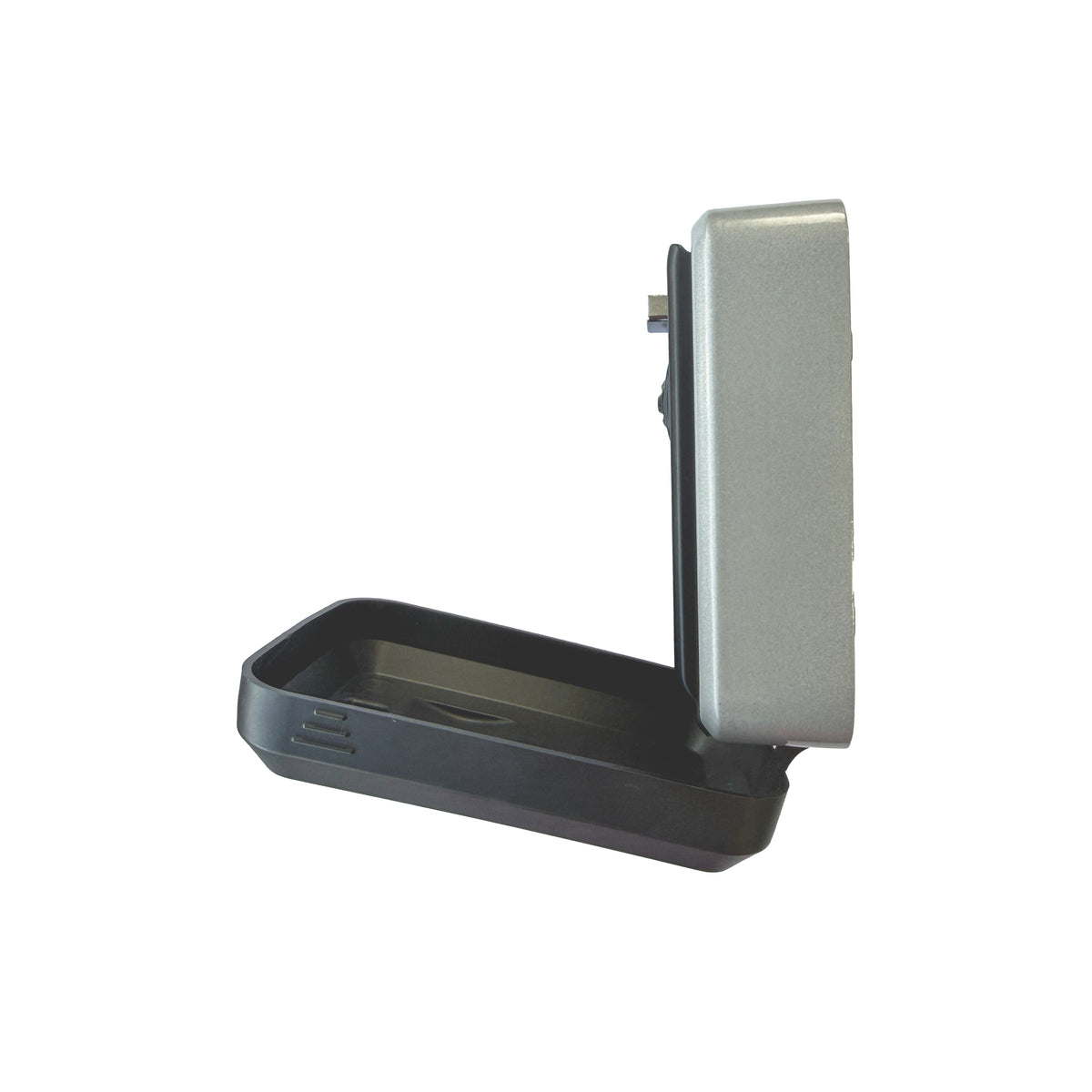 Wall mounted combination lock key safe with cover, angle view