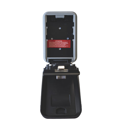 Wall mounted combination lock key safe with cover, side view