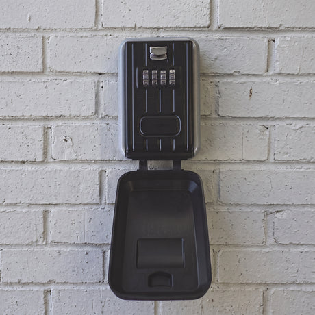 Wall mounted combination lock key safe with cover, detail view